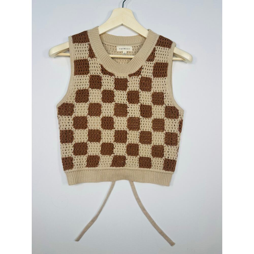 Promesa Checkered Crochet Knit Sleeveless Tank Sweater Top Size Large